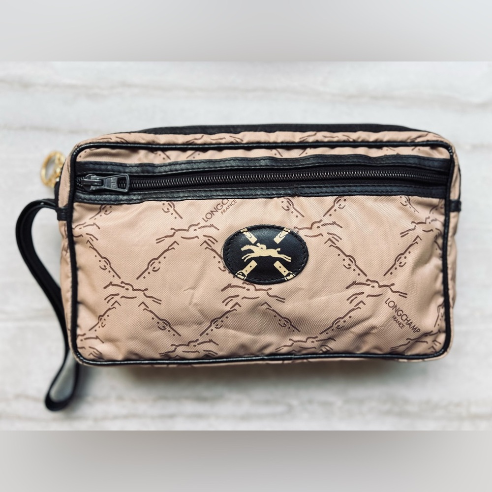 Vintage LONGCHAMP Equestrian Logo Clutch Beige with Brown